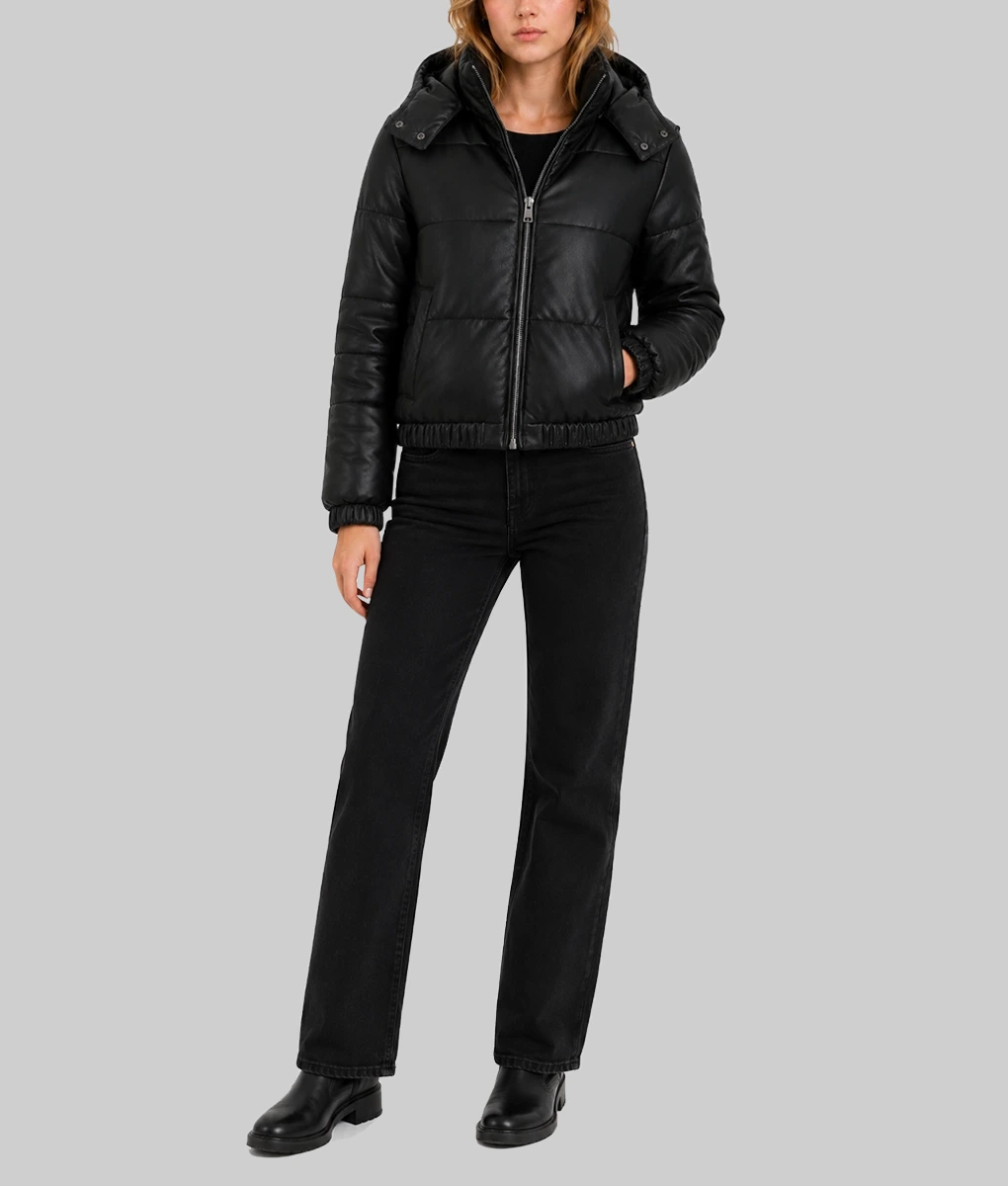 Women's Black Hooded Leather Puffer Jacket-Front Full