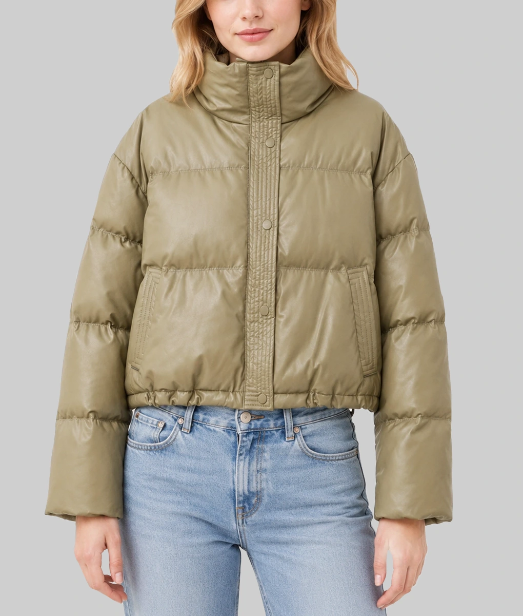 Women's Light Olive Green Leather Puffer Jacket-Front