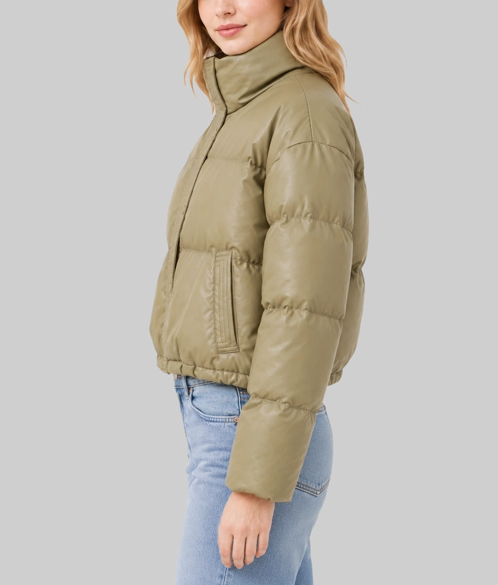 Women's Light Olive Green Leather Puffer Jacket-Side