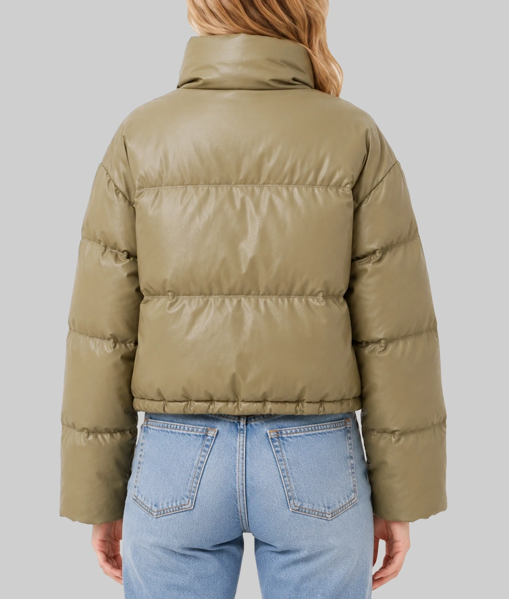 Women's Light Olive Green Leather Puffer Jacket-Back