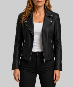 Anna Pigeon Tracy Spiridakos Black Leather Biker Jacket-Front