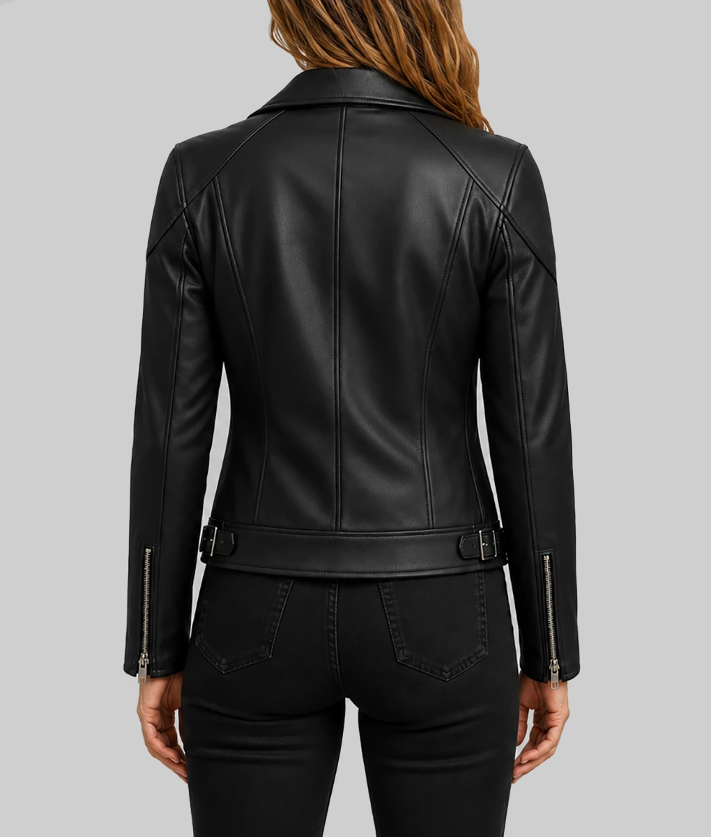Anna Pigeon Tracy Spiridakos Black Leather Biker Jacket-Back