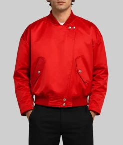Harry Styles Red Satin Bomber Jacket-Front
