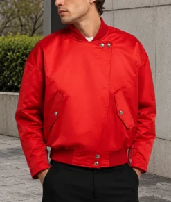 Harry Styles Red Satin Bomber Jacket-Front
