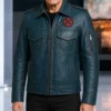 Patrick Stewart Distressed Blue Leather Jacket-Front
