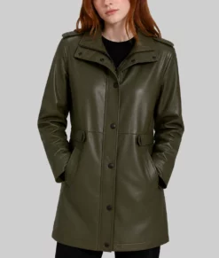 Sadie Sink Green Leather Coat-Front