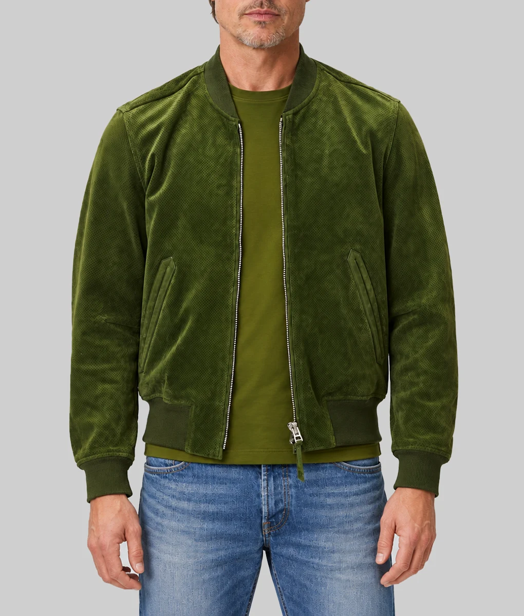 Brad Pitt Green Suede Jacket-Front