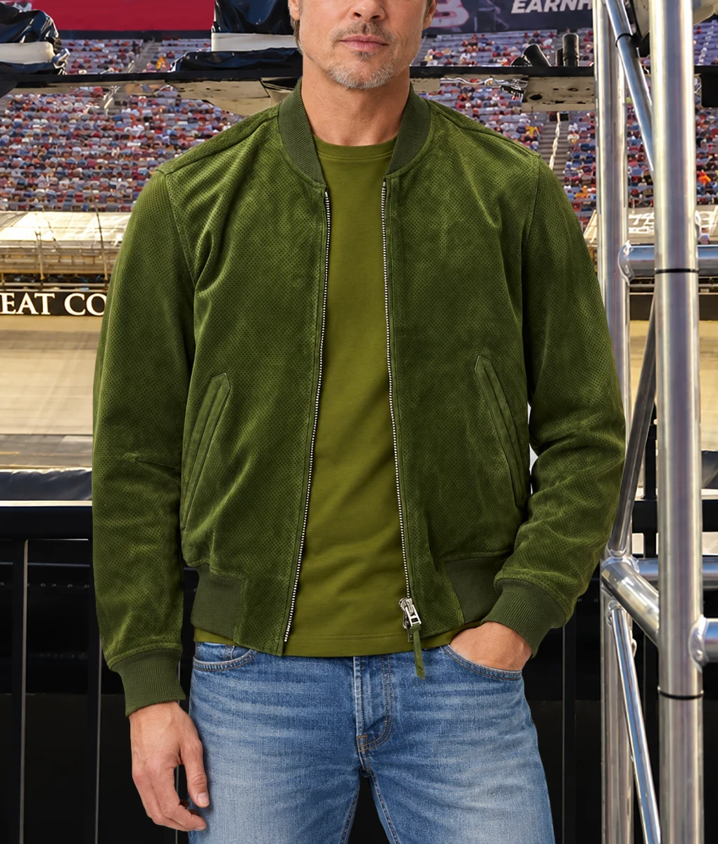 Brad Pitt Green Suede Jacket-Front