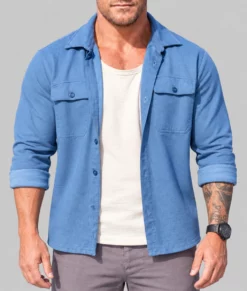 Runner Alan Ritchson Blue Cotton Shirt-Front