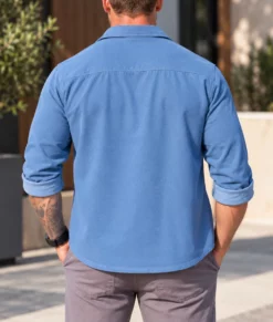 Runner Alan Ritchson Blue Cotton Shirt-Back