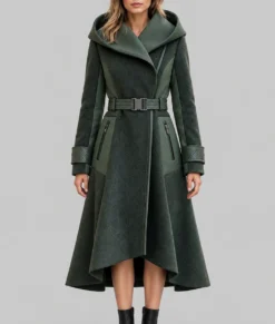 Womens 2026 Futuristic Green Hooded Trench Coat-Front