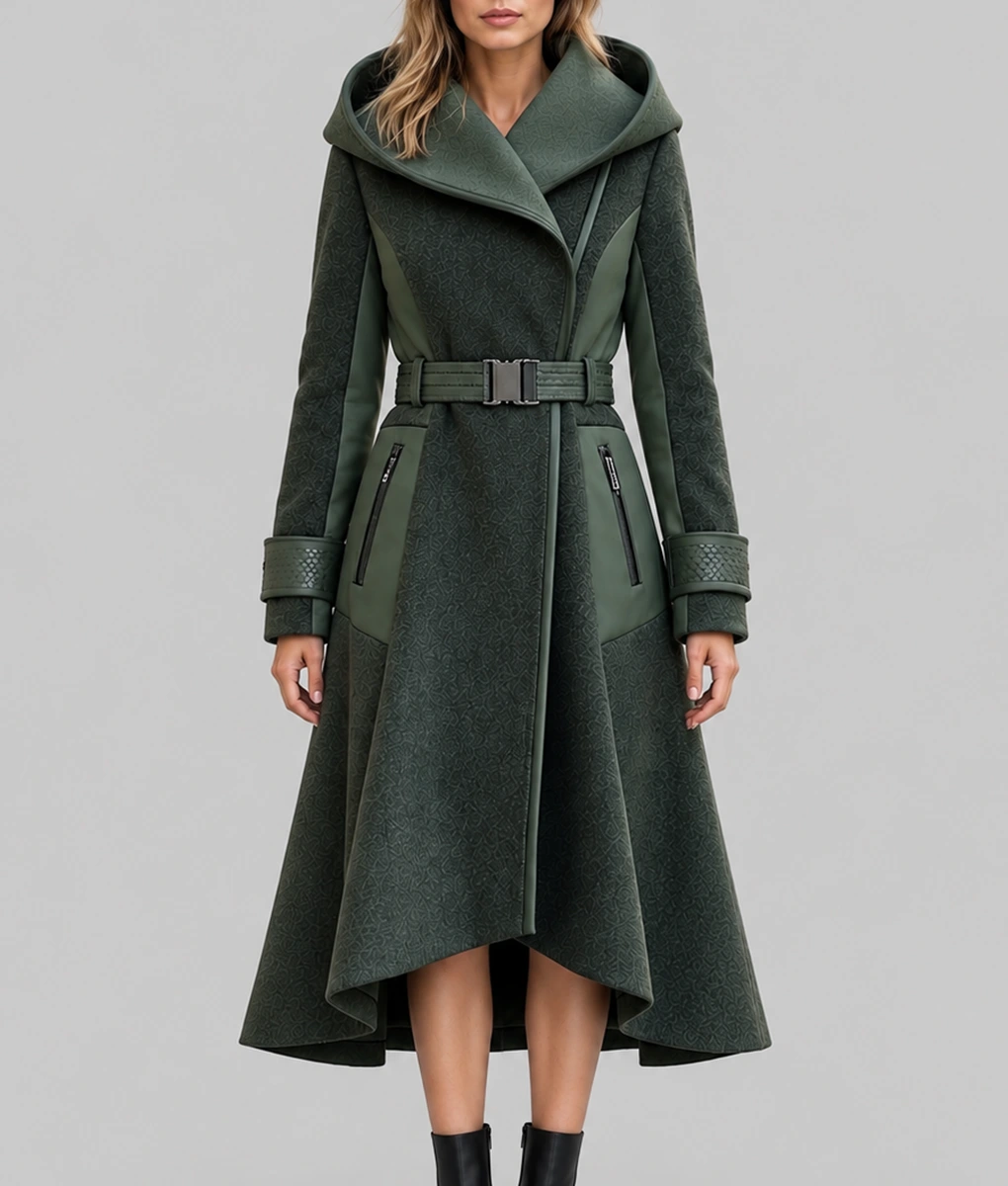 Womens 2026 Futuristic Green Hooded Trench Coat-Front