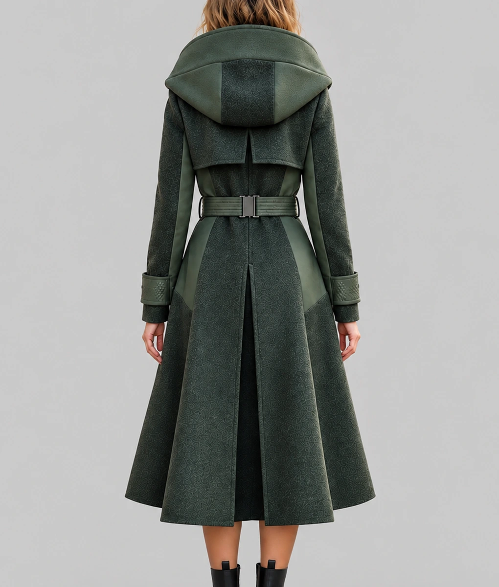 Womens 2026 Futuristic Green Hooded Trench Coat-Back