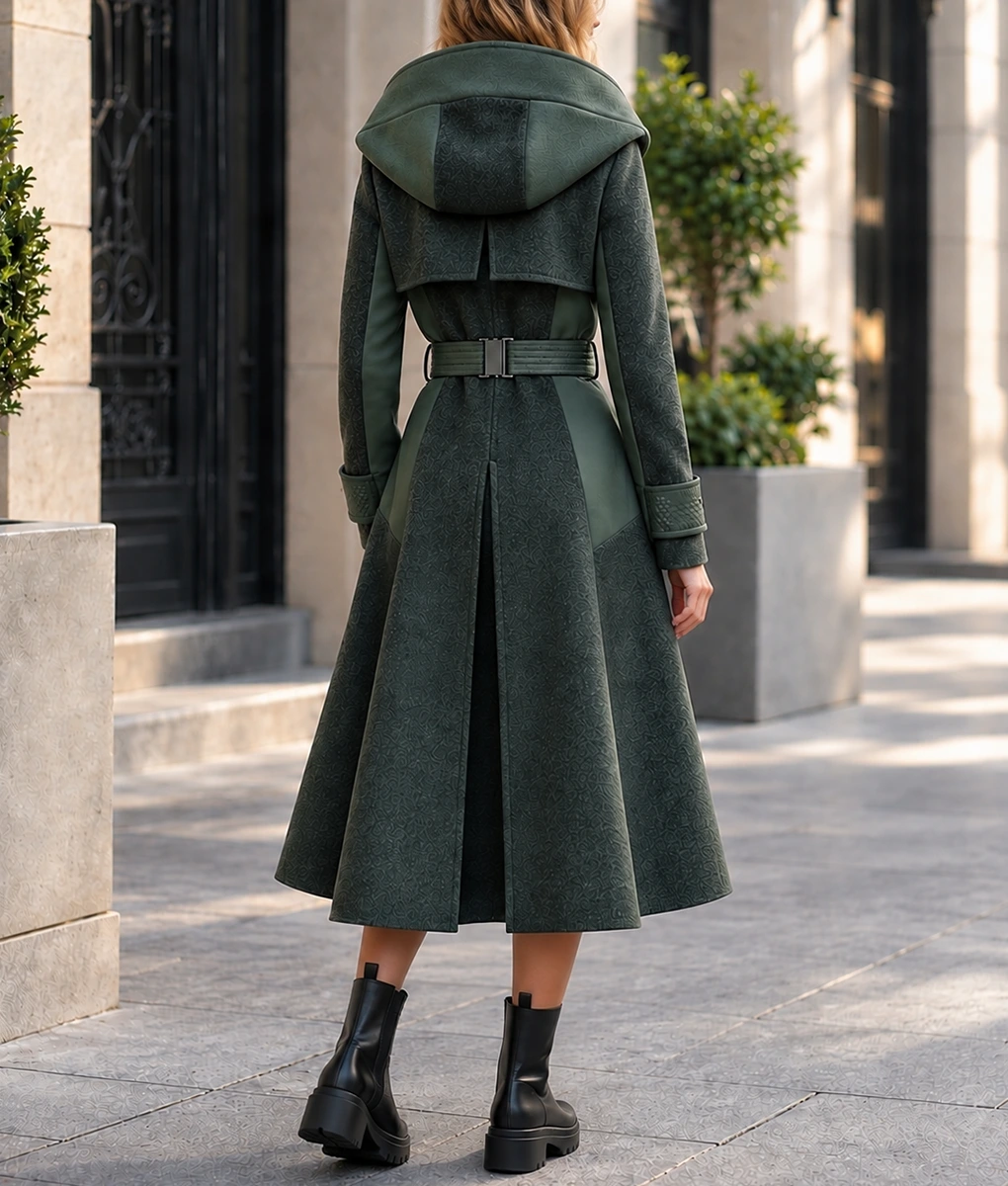 Womens 2026 Futuristic Green Hooded Trench Coat-Back