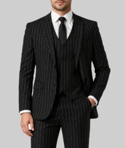 Mens Black Pinstripe 3 Pieces Suit-Front