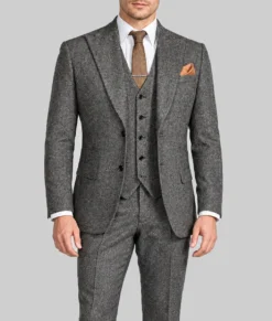 Mens Herringbone Pattern Grey 3 Pieces Suit-Front