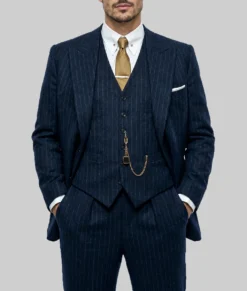Mens Navy Blue Pinstripe 3 Pieces Suit-Front