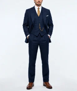 Mens Navy Blue Pinstripe 3 Pieces Suit-Front
