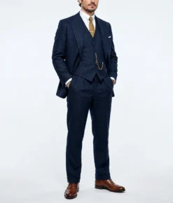 Mens Navy Blue Pinstripe 3 Pieces Suit-Side